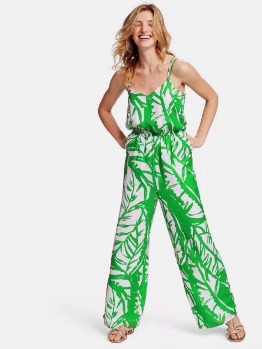 Lilly Pulitzer for Target Wide Leg Jumpsuit Green White Tropical Resort Small